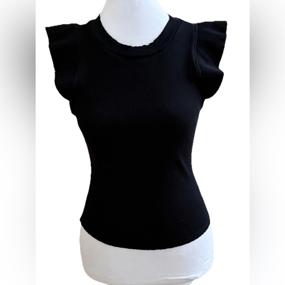ALYA Black Ribbed Flutter Sleeve Fitted Knit Crop Top Size Large - Picture 1 of 7